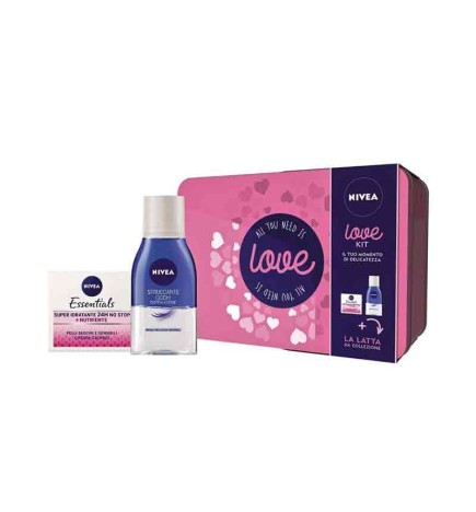 Confezione Love by Nivea Struccante occhi doppia azione da 125 ml  + Crema giorno nutriente Essentials da 50 ml + Cofanetto da 